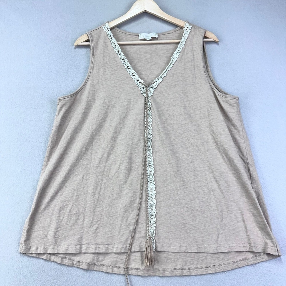 Weekend Suzanne Betro Tank Top Womens 1X Tan Tassel Cotton Lace‎ Boho Beach